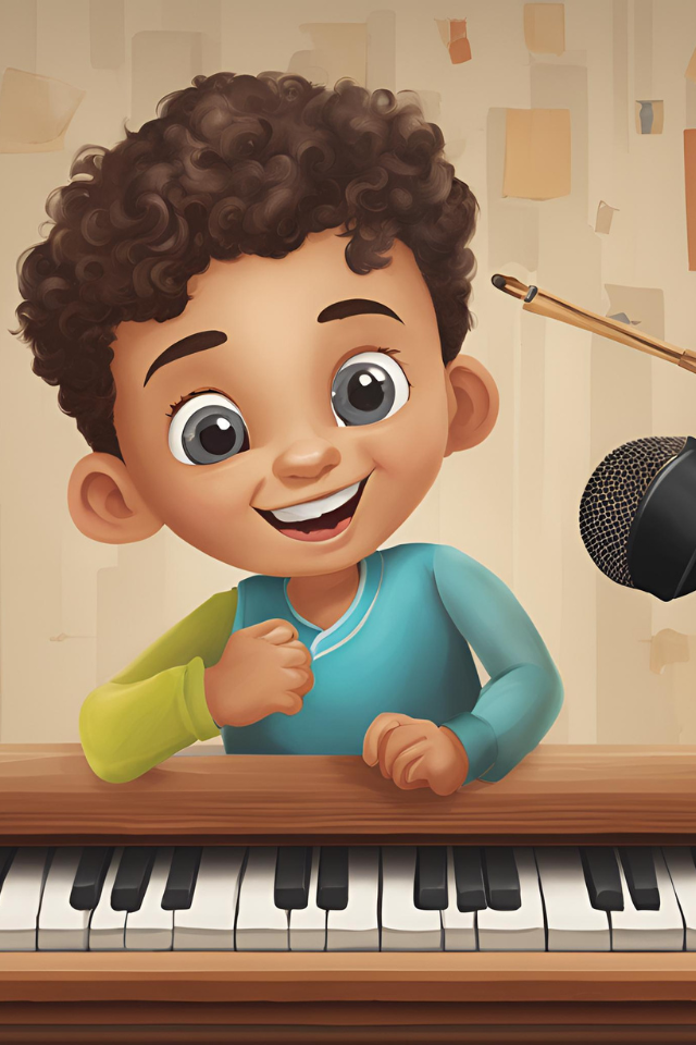Smiling animated child with curly hair speaking into a microphone.
